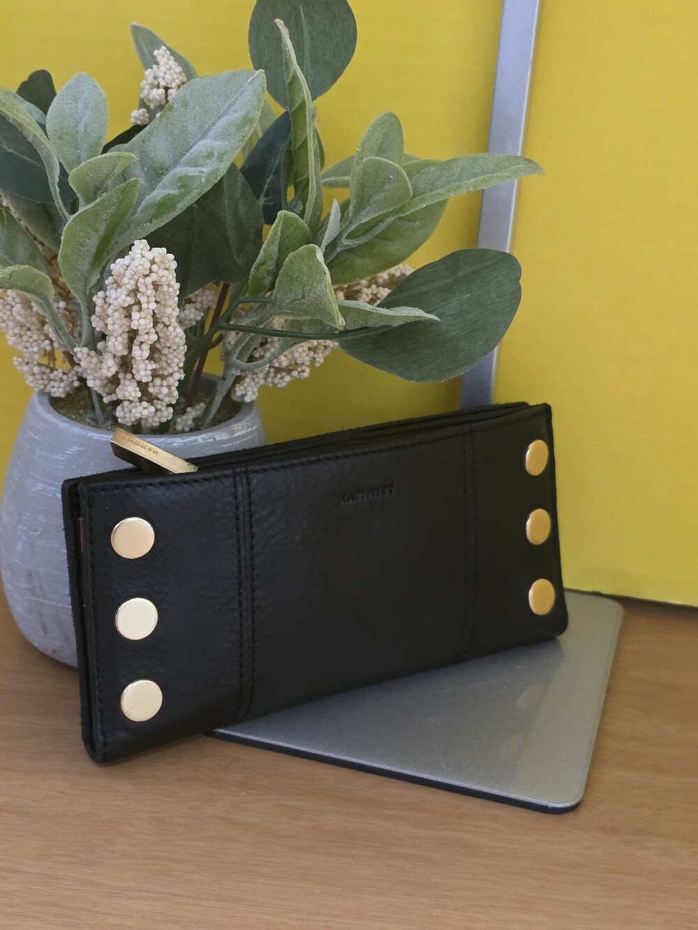Hammitt Black Leather Wallet with Gold Stud Detail